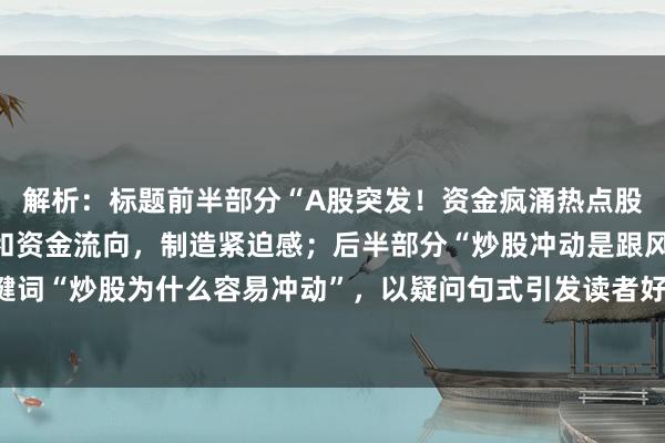 解析:标题前半部分“A股突发!资金疯涌热点股”结合了A股当日热点和资金流向,制造紧迫感;后半部分“炒股冲动是跟风还是陷阱?”直击关键词“炒股为什么容易冲动”,以疑问句式引发读者好奇心,符合财经快讯的冲击力要求,同时控制在内。